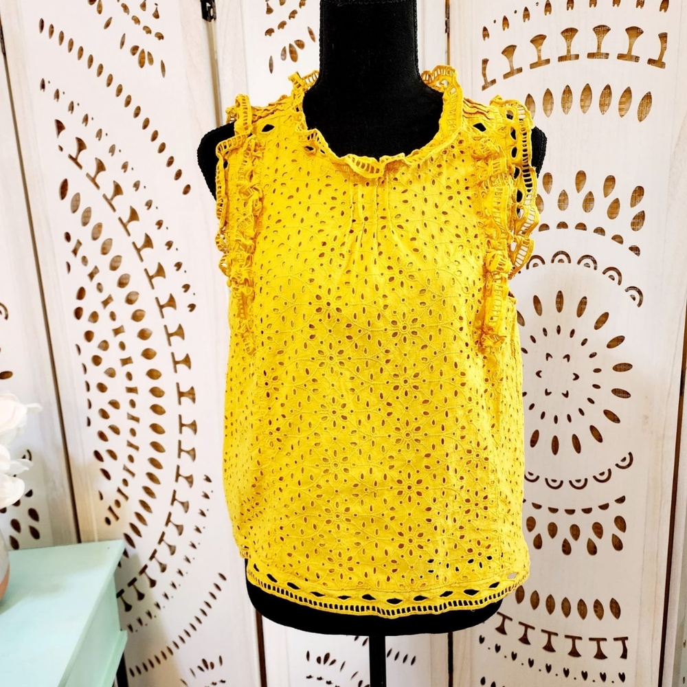 Maeve by Anthropologie Yellow Cutout Sleeveless Top with Ruffles Size 10